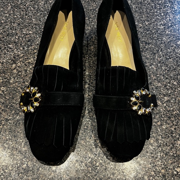 Nine West Black Suede Loafers with Gold Embellishment - Picture 2 of 6